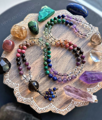 Aligned - 108 Mala Bead Necklace - Gemstone Rainbow + Smoky Quartz Guru AAA Clear Quartz, AAA Citrine, AAA Amethyst, Faceted Ruby, Faceted Ruby Zoisite, AAA Golden Rutilated Quartz, Garnet, Malachite, AAA Fluorite, AAA Lapis Lazuli, Thulite