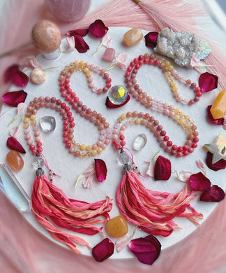 Love in Bloom Mala Necklace -  Clear Quartz Guru + Hand Dyed Silk Tassel