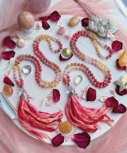 Love in Bloom Mala Necklace -  Clear Quartz Guru + Hand Dyed Silk Tassel