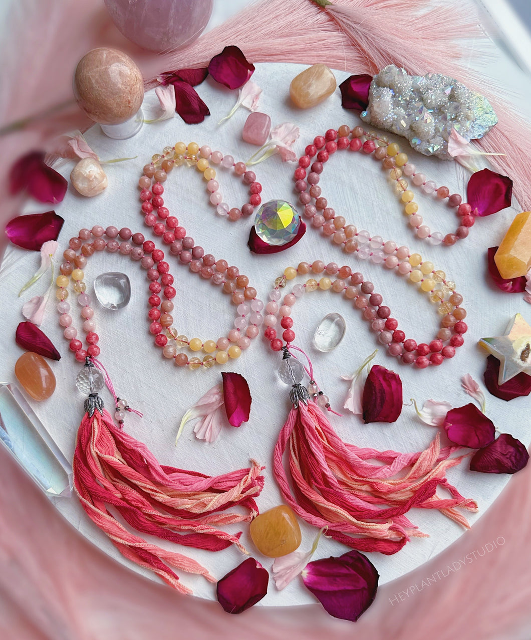 Love in Bloom Mala Necklace -  Clear Quartz Guru + Hand Dyed Silk Tassel