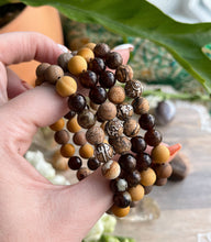 Load image into Gallery viewer, Follow the Sun - Tibetan OM Conch Shell, Brown Garnet, Picture Jasper, Petrified Wood, Mookaite Jasper Gemstone Stretch Mala Bracelet
