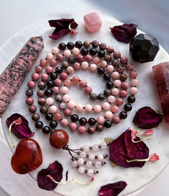Lovespell - Carnelian + Rhodonite Gemstone 108 Mala Bead Necklace - Rose Quartz Beaded Tassel
