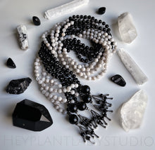 Load image into Gallery viewer, Balance - 108 Mala Necklace - Hypersthene + Arfvedsonite + Natural Cream Agate + Selenite + Onyx Tassel
