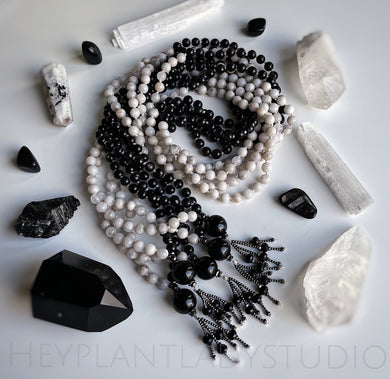 Balance - 108 Mala Necklace - Hypersthene + Arfvedsonite + Natural Cream Agate + Selenite + Onyx Tassel
