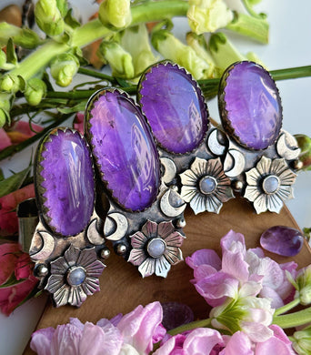 YOU PICK - Amethyst Oval + Rainbow Moonstone Moonflower Rings - Adjustable Sizes 5-15