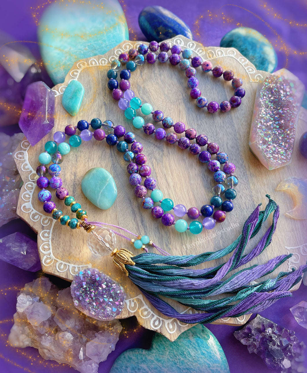 Mermaid Cove Mala Necklace - Azurite + Amazonite + Phosphosiderite + Lapis Lazuli + Apatite + Galaxy Jasper + Aura Quartz + Clear Quartz Guru + Hand Dyed Silk Tassel