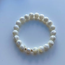 Load image into Gallery viewer, RESERVED - Express shipping - Mother of Pearl, Blue Chalcedony, Aquamarine, Freshwater Pearl, Moonstone, Karen Hill Tribe Silver - 108 Mala Necklace + Bracelet