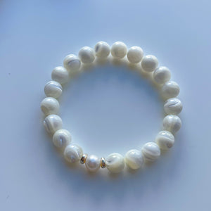 RESERVED - Express shipping - Mother of Pearl, Blue Chalcedony, Aquamarine, Freshwater Pearl, Moonstone, Karen Hill Tribe Silver - 108 Mala Necklace + Bracelet