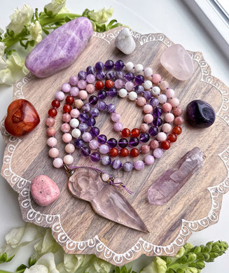 Goddess Rising - Rose Quartz Goddess Carving + Kunzite + Pink Opal + Dream Amethyst 108 Mala Bead Necklace