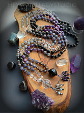 Load image into Gallery viewer, Awakening Intuition- AAA Iolite, AAA Clear Quartz, AAA Indigo Gabbro, Labradorite, and AAA Tourmalinated Quartz 8mm 108 Mala Necklace