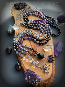 Awakening Intuition- AAA Iolite, AAA Clear Quartz, AAA Indigo Gabbro, Labradorite, and AAA Tourmalinated Quartz 8mm 108 Mala Necklace