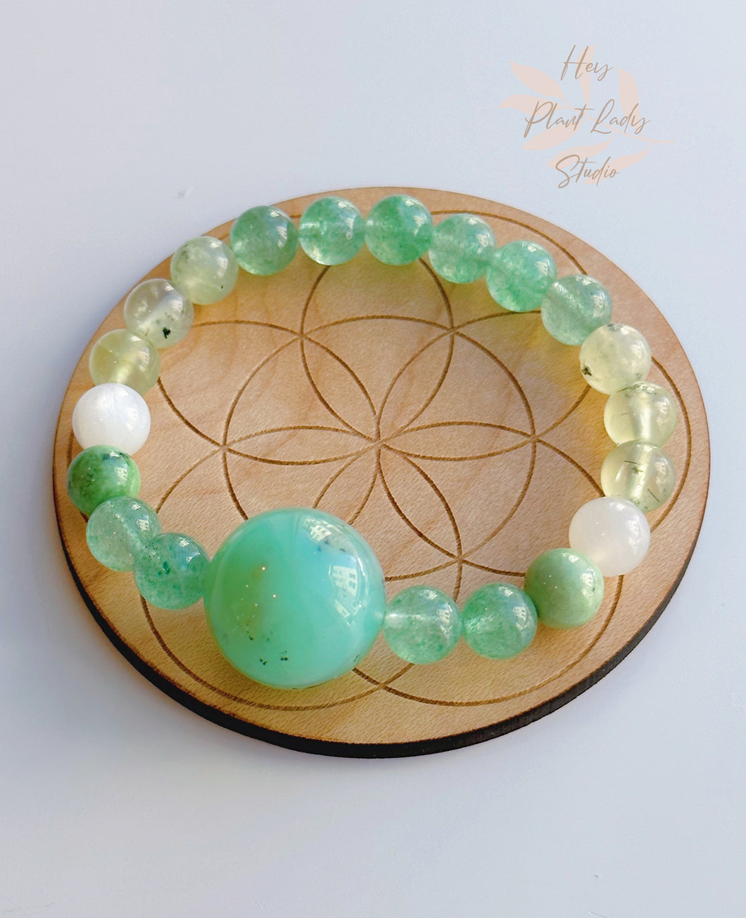 Luna Moth Bracelet - Chrysoprase + Strawberry Quartz + Prehnite + Moonstone + Green Garnet Stretch Mala Bracelet