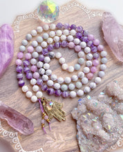 Load image into Gallery viewer, Angelic Guidance - Kunzite, Jade, Dream Amethyst, Mother of Pearl, &amp; Howlite 108 Mala Bead Necklace - 24k Gold Overlay Hamsa + 24K Gold Aura Quartz