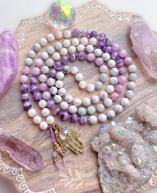 Angelic Guidance - Kunzite, Jade, Dream Amethyst, Mother of Pearl, & Howlite 108 Mala Bead Necklace - 24k Gold Overlay Hamsa + 24K Gold Aura Quartz