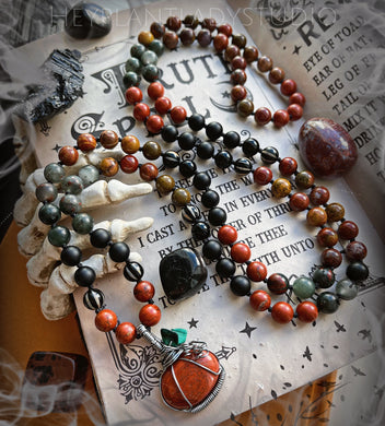 Artisan Wire Wrapped Red Jasper Pumpkin + Malachite Leaves & 8mm Bloodstone, Moroccan Seam Agate, Onyx, Red Jasper, and Tibetan Striped Agate 108 Mala Bead Necklace, Collaboration with Cracked Halo Design