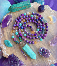 Load image into Gallery viewer, Under the Sea Mala Necklace - Galaxy Jasper, Citrine, Blue Fluorite, Aura Quartz, Amazonite, Azurite, Amazonite Pendant