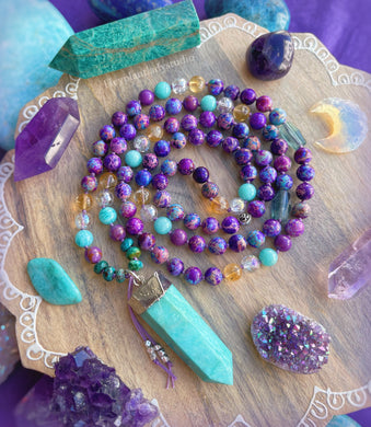 Under the Sea Mala Necklace - Galaxy Jasper, Citrine, Blue Fluorite, Aura Quartz, Amazonite, Azurite, Amazonite Pendant