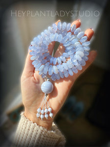 Peace + Optimism - 12mm Blue Chalcedony + Blue Lace Agate Mala Necklace - 108 Bead Necklace