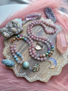 Sunset Reflections - 108 Mala Bead Necklace - AAA Clear Quartz, Aura Rose Quartz, Lavender Amethyst, Aquamarine, Grossular Garnet, Peach Moonstone, Golden Mother of Pearl, Aura Quartz