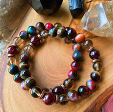 Load image into Gallery viewer, Autumn Enchantment Bracelet - Rainbow Tigers Eye + Garnet + Smoky Quartz