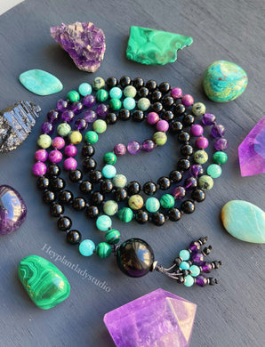 Stand in Your Power - 108 Mala Bead Necklace - Onyx Guru - Amazonite + Amethyst + Onyx Tassel