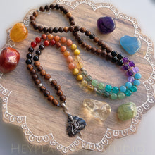Load image into Gallery viewer, Enlightenment - 925 Sterling Silver Buddha Bodhi Leaf + Sandalwood + Hill Tribe Silver OM Beads + Rainbow Gemstone 108 Mala Bead Necklace (36&quot; Loop)