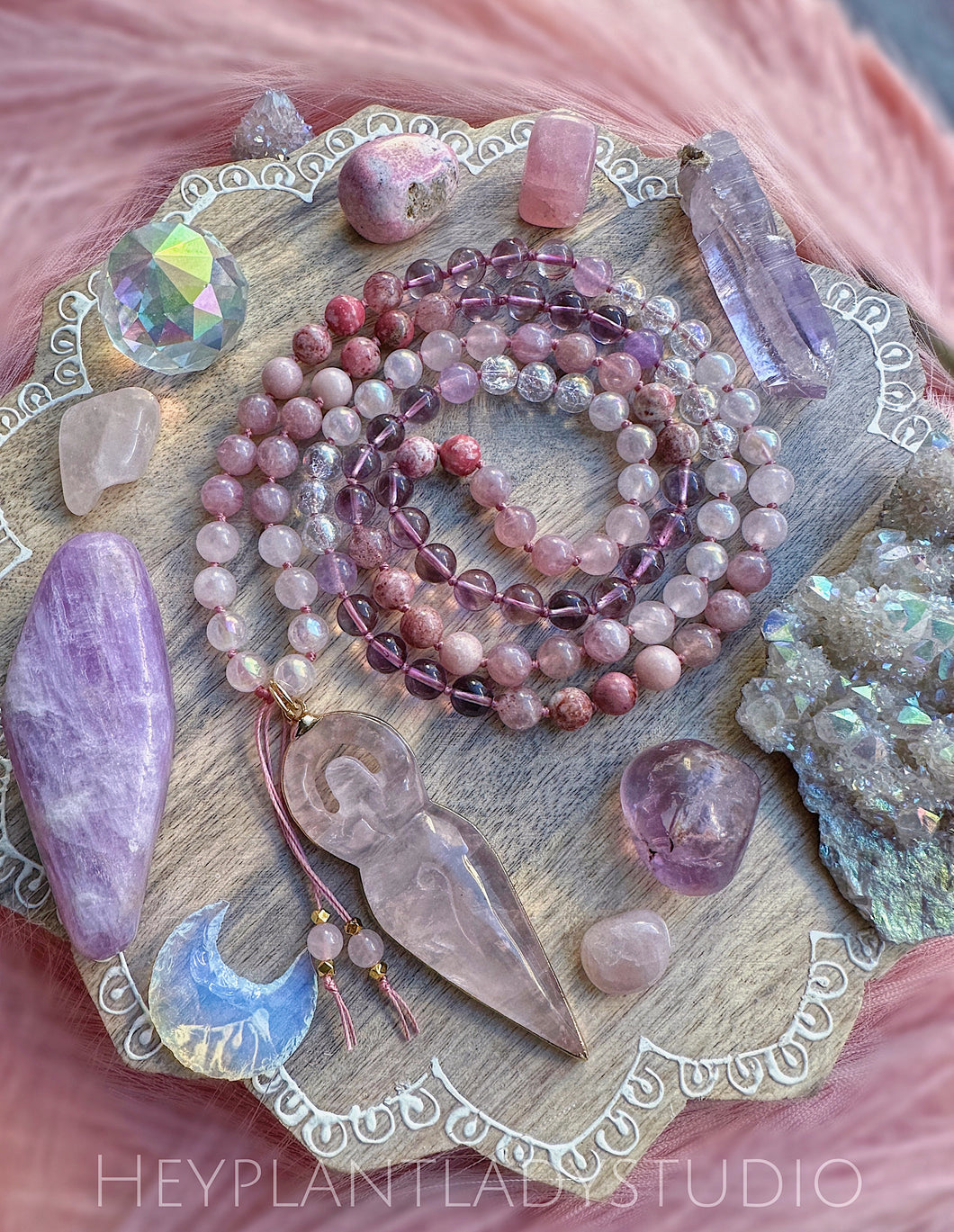 Awakening the Goddess - Quartz Goddess Carving + Thulite 108 Mala Bead Necklace