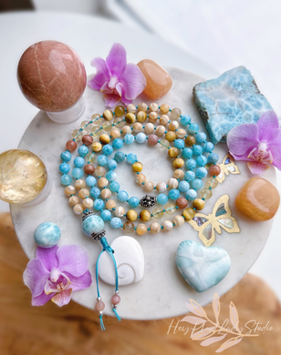 Sunshine + Waves - Larimar Guru + Shiva Eye Shell + Thai Silver + Aqua Fire Agate + Mother of Pearl + Citrine + Sunstone + Tigers Eye 108 Mala Bead Necklace