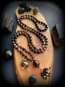 Midnight Crimson - AAA Smoky Quartz, Garnet, Red Tourmaline, AAA Onyx, Pyrite, and Hematite 8mm 108 Mala Necklace