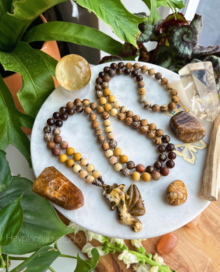 RESERVED - Follow the Sun (3) Bracelets + Ocean Jasper Seahorse - Tibetan OM Conch Shell, Brown Garnet, Picture Jasper, Petrified Wood, Yellow Sunstone, Mookaite Jasper