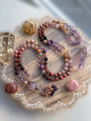 Love & Abundance - Citrine, Amethyst, Garnet, Hessonite Garnet, Rhodonite, Rose Quartz, Phosphosiderite, Sunstone, Aura Agate 8mm 108 Mala Necklace