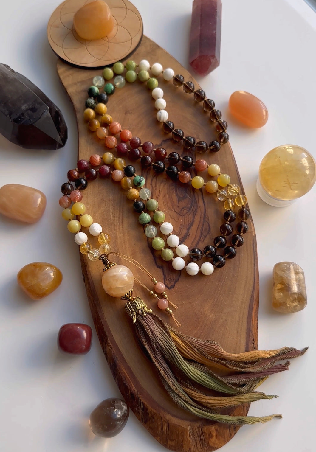 Cloudforest 108 Mala Necklace - Yellow Opal Guru + Hand Dyed Silk Tassel