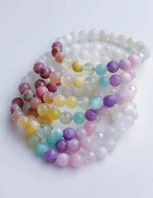 Fairy Dance Bracelet - Pastel Rainbow Gemstone Stretch Mala Bracelet - Aura Rose Quartz, Rhodonite, Rose quartz, Strawberry Quartz, yellow opal, yellow selenite, prehnite, Green Moonstone, Lepidolite, Moonstone + Kunzite