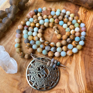 Tranquility Mala Necklace - Amazonite + Picture Jasper + Tibetan Ashtamangala Pendant