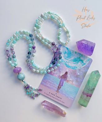 In the Flow - 108 Gemstone Mala Necklace - Amethyst + Amazonite Guru + Amethyst + Amazonite + Fluorite Tassel + 925 Sterling Silver