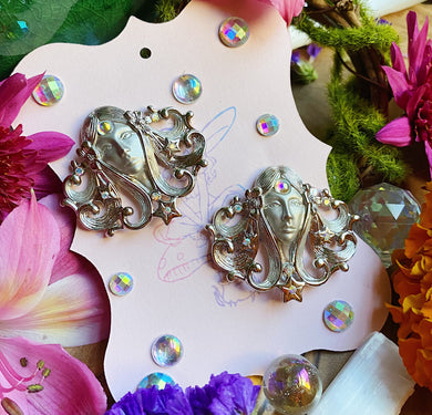 Vintage Cosmic Goddess Pewter Stud Earrings