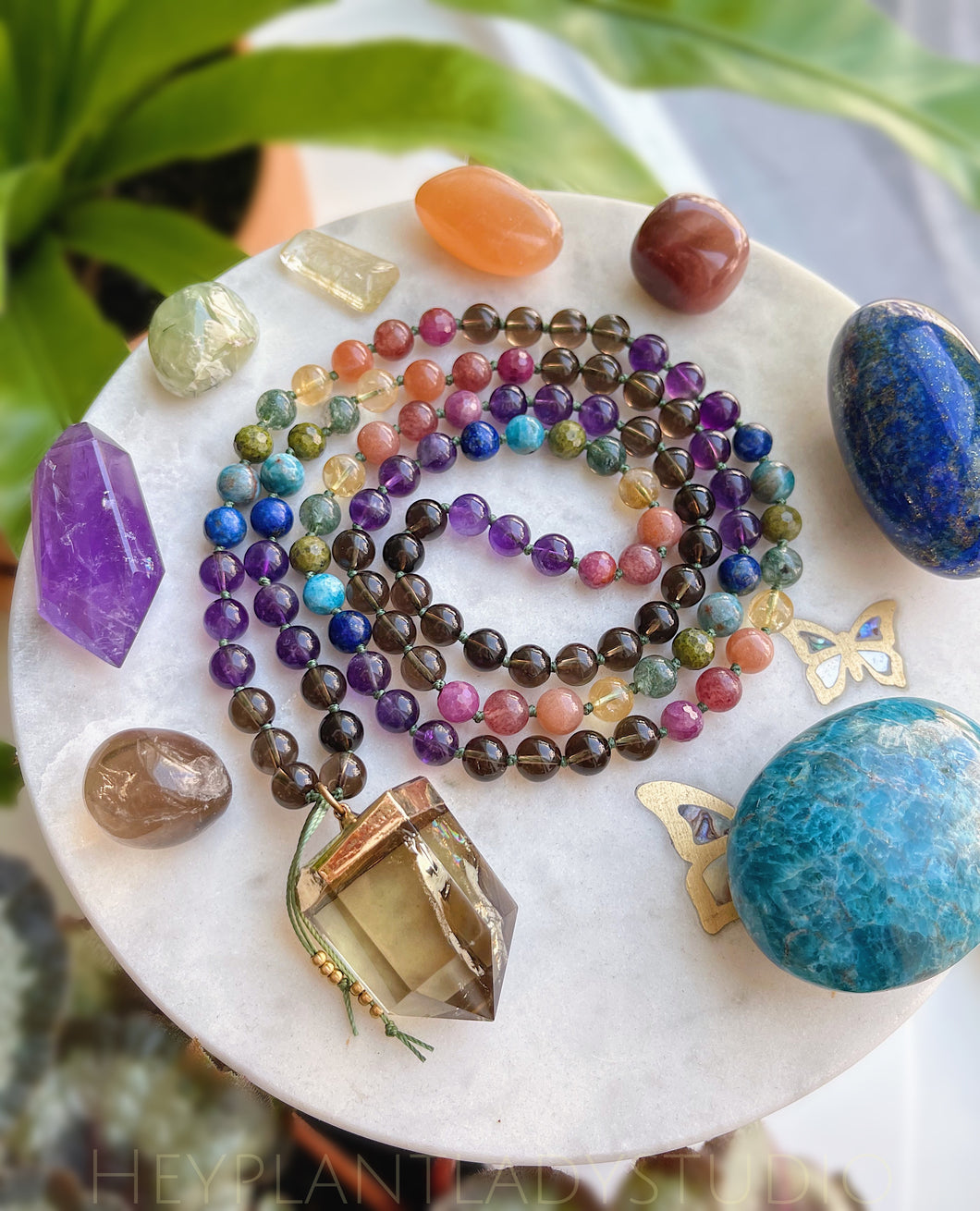 Bright Side - Rainbow Inclusion Smoky Quartz + 8mm Rainbow Gemstone 108 Mala Bead Necklace