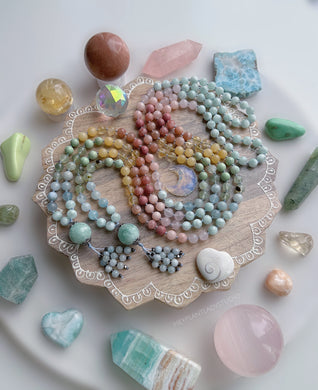 Wild Heart - Green Moonstone + Pastel Rainbow Gemstone 108 Mala Bead Necklace - Aquamarine Beaded Tassel