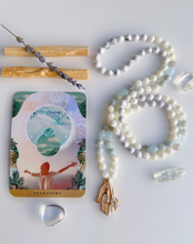 Load image into Gallery viewer, Surrender &amp; Trust - Aquamarine, Labradorite, Mother of Pearl, &amp; Natural Jade - 108 Mala Bead Necklace - 24k Gold Overlay Hamsa + 24K Gold Rose Quartz