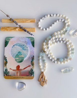 Surrender & Trust - Aquamarine, Labradorite, Mother of Pearl, & Natural Jade - 108 Mala Bead Necklace - 24k Gold Overlay Hamsa + 24K Gold Rose Quartz