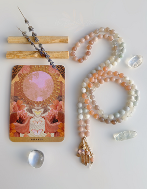 Goddess Within - Moonstone, Mother of Pearl, & Natural Jade - 108 Mala Bead Necklace - 24k Gold Overlay Hamsa + 24K Gold Rose Quartz