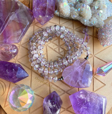 RESERVED-Peaceful Positive Energy - Gem Amethyst Heart + 108 Black Hematite Phantom Quartz