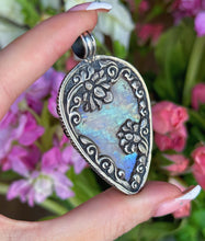 Load image into Gallery viewer, 60mm Rainbow Moonstone 925 Sterling Silver Lotus Pendant