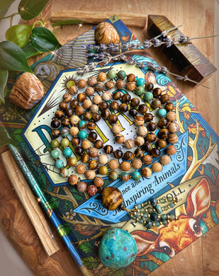 We are One - Green Turquoise, Tigers Eye, Picture Jasper 108 - Gemstone Mala Necklace - Tigers Eye Guru // Chrysocolla + Apatite Tassel