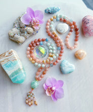 Load image into Gallery viewer, Seashine - Green Moonstone + Mother of Pearl, Strawberry Quartz, Aquamarine 108 Mala Bead Necklace - Morganite Beaded Tassel