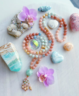 Seashine - Green Moonstone + Mother of Pearl, Strawberry Quartz, Aquamarine 108 Mala Bead Necklace - Morganite Beaded Tassel