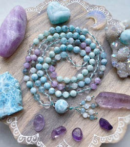 Goddess of Atlantis - 17mm Larimar Guru + Larimar AAA Kunzite + AAA Rainbow Moonstone + Labradorite + Green Moonstone + Clear Quartz + Aquamarine + Karen Hill Tribe Silver + 925 Sterling Silver