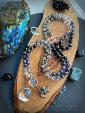 Awakening Intuition- AAA Iolite, AAA Clear Quartz, AAA Indigo Gabbro, Labradorite, and AAA Tourmalinated Quartz 8mm 108 Mala Necklace