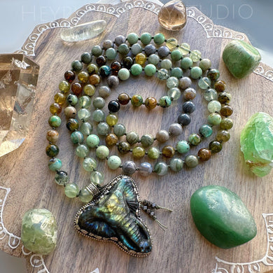 Patience + Luck + Wisdom - Prehnite, Chrysocolla, Green Garnet, Grossular Garnet, Green Banded Agate, Bamboo Leaf Agate 108 Mala Necklace - Tibetan Style Labradorite Elephant