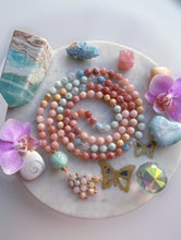 Load image into Gallery viewer, Seashine - Green Moonstone + Mother of Pearl, Strawberry Quartz, Aquamarine 108 Mala Bead Necklace - Morganite Beaded Tassel